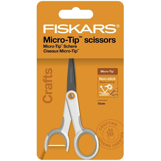 Fiskars Tijeras Micro-Tip para Materiales de Manualidades Adhesivos, Recubrimiento Antiadherente, 12,3 cm, Acero Inoxidable/Plástico, Blanco/Naranja, 1070025