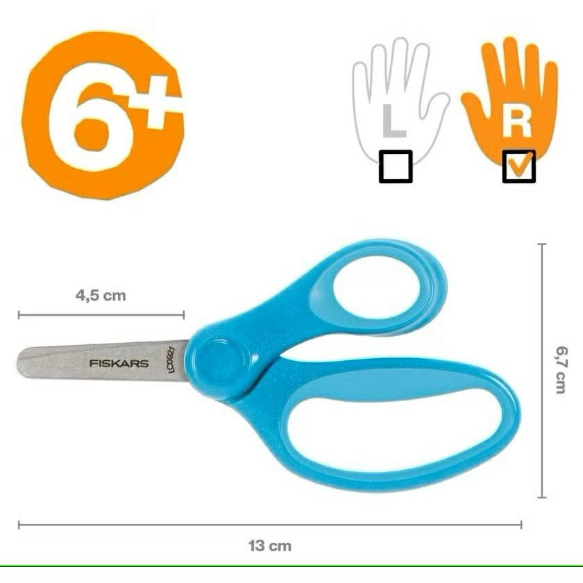 Fiskars Tijeras para niños, A partir de 6 años, Longitud: 13 cm, Para diestros y zurdos, Hoja metálica/mangos de plástico, Azul, Purpurina, 1064073