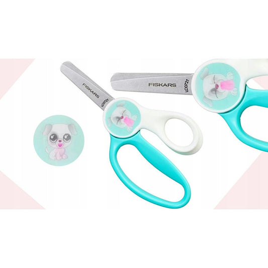 Fiskars Tijeras para niños con diseño de un Cachorro, A partir de 6 años, Longitud: 13 cm, Para diestros y zurdos, Hoja metálica/mangos de plástico, Azul/blanco, Magic Morph, 1064076 - Ferrotecnia