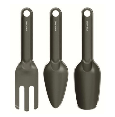 Fiskars Urban Plant Care Set de Herramientas de jardinería, 3 Piezas, Kit básico para el Cuidado de Las Plantas, Diseño Compacto, Acero Inoxidable con Revestimiento pulverizado, Verde Oliva, 1080777