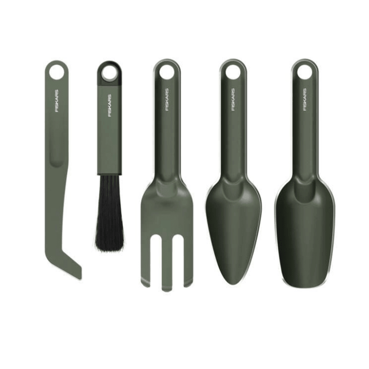 Fiskars Urban Plant Care Set de Herramientas de jardinería, 5 Piezas, Kit Todo en uno para Plantas de Interior, Diseño Compacto, Acero Inoxidable con Revestimiento pulverizado, Verde Oliva, 1080778 - Ferrotecnia