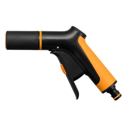 Fiskars Pistola pulverizadora, 2 funciones, Caudal variable, Con regulador frontal y bloqueo de apertura/cierre, Tamaño universal, Negro/Naranja, 1065484