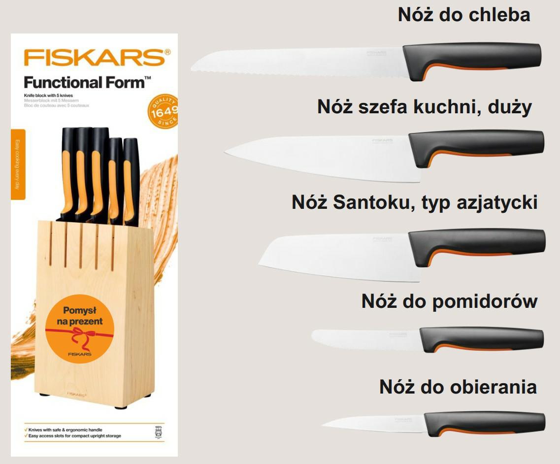 Fiskars Bloque de cuchillos con 5 cuchillos, Ancho: 14,5 cm, Alto: 36 cm, Madera de abedul, Functional Form, 1062927