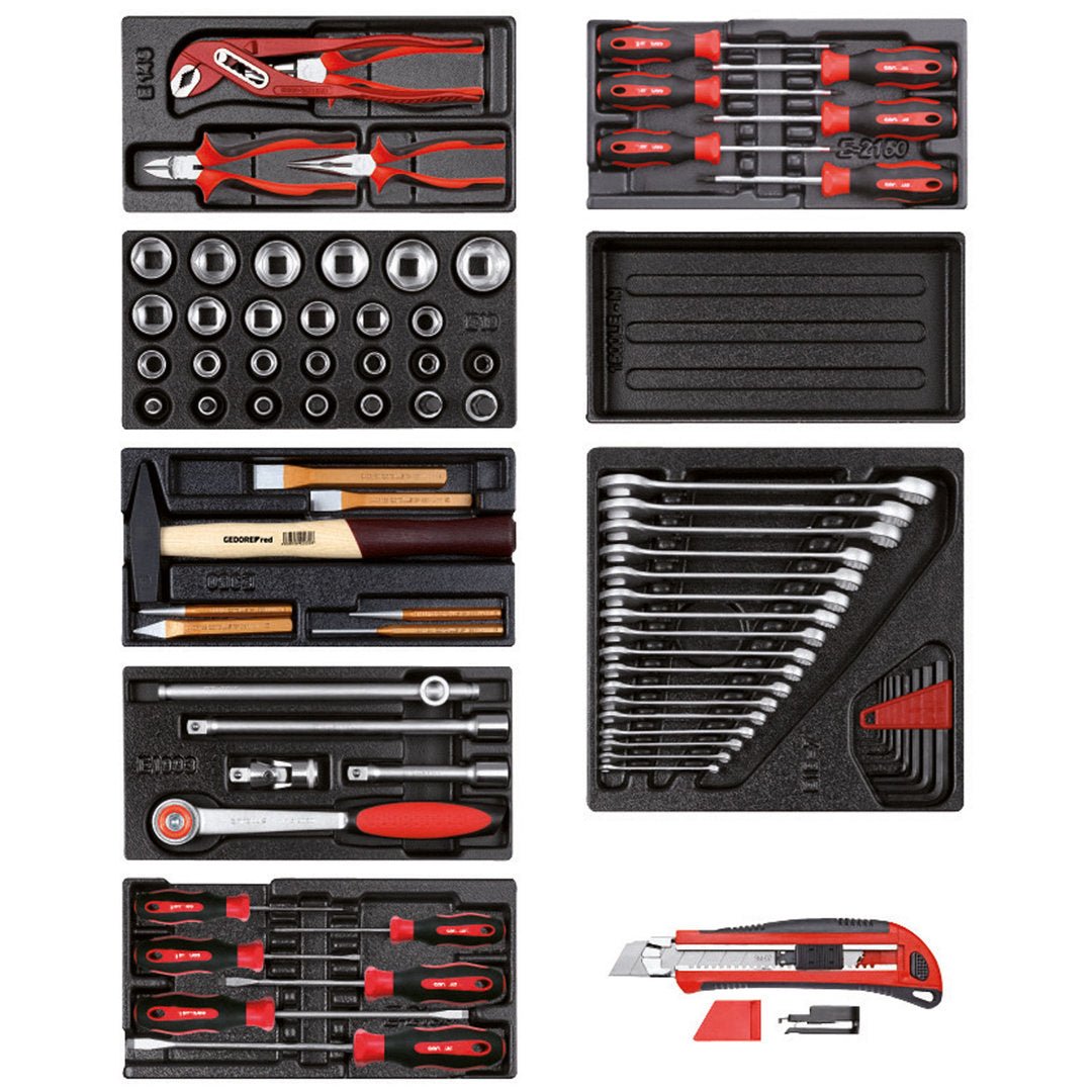 GEDORE red R21010000 - Juego de herramientas en 8 módulos de plástico + cúter, 82 piezas (3301655) - Ferrotecnia
