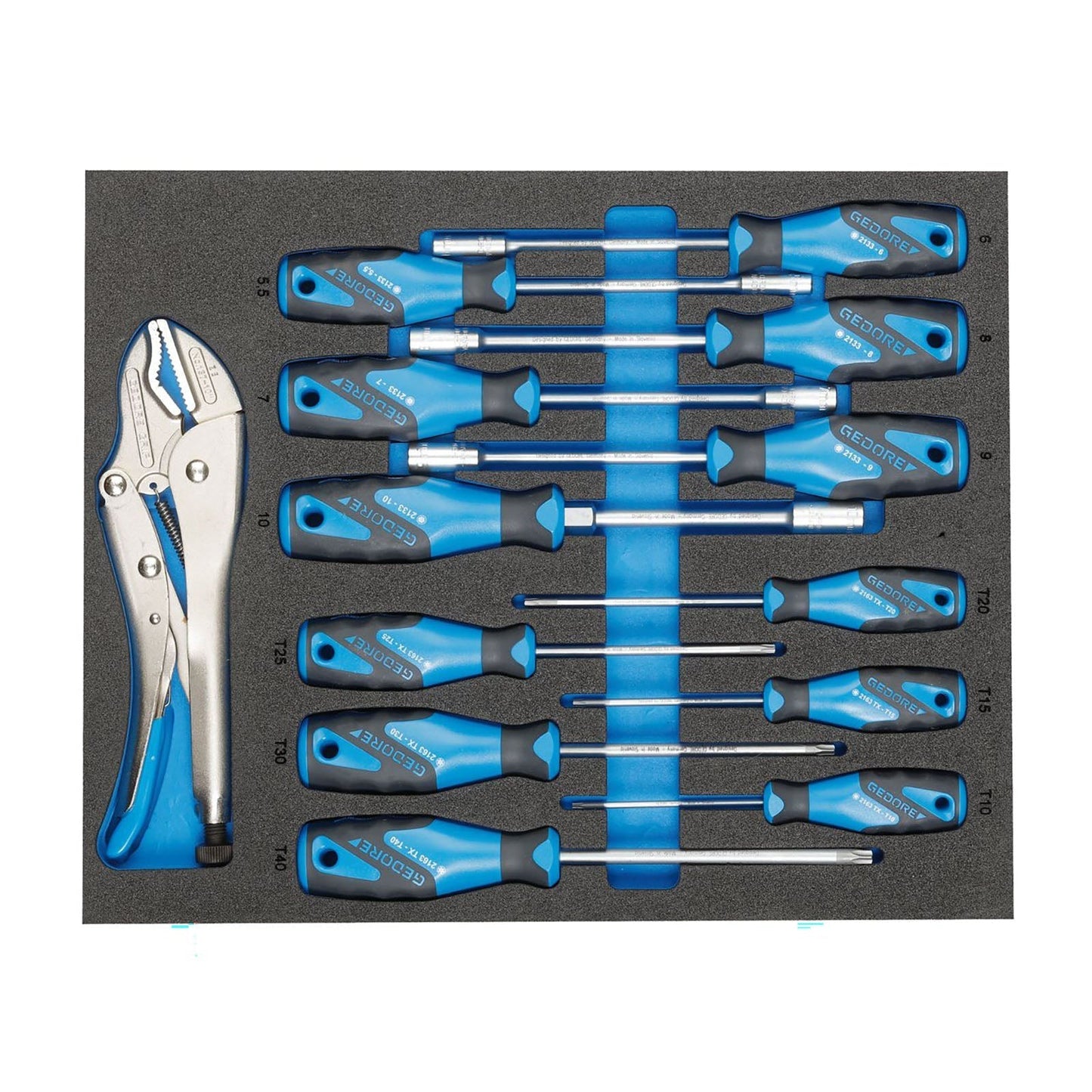 GEDORE TS CT2 - 2133 - 2163TX - Surtido de destornilladores y mordaza grip en módulo de espuma Check - Tool de doble cuerpo, 13 piezas - Ferrotecnia