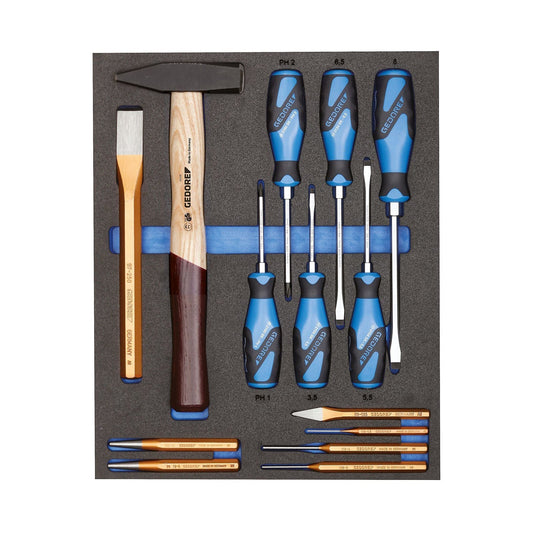 GEDORE TS CT2 - 2154SK - 119 - Surtido de destornilladores y herramienta de golpeo en módulo de espuma Check - Tool de doble cuerpo, 14 piezas - Ferrotecnia