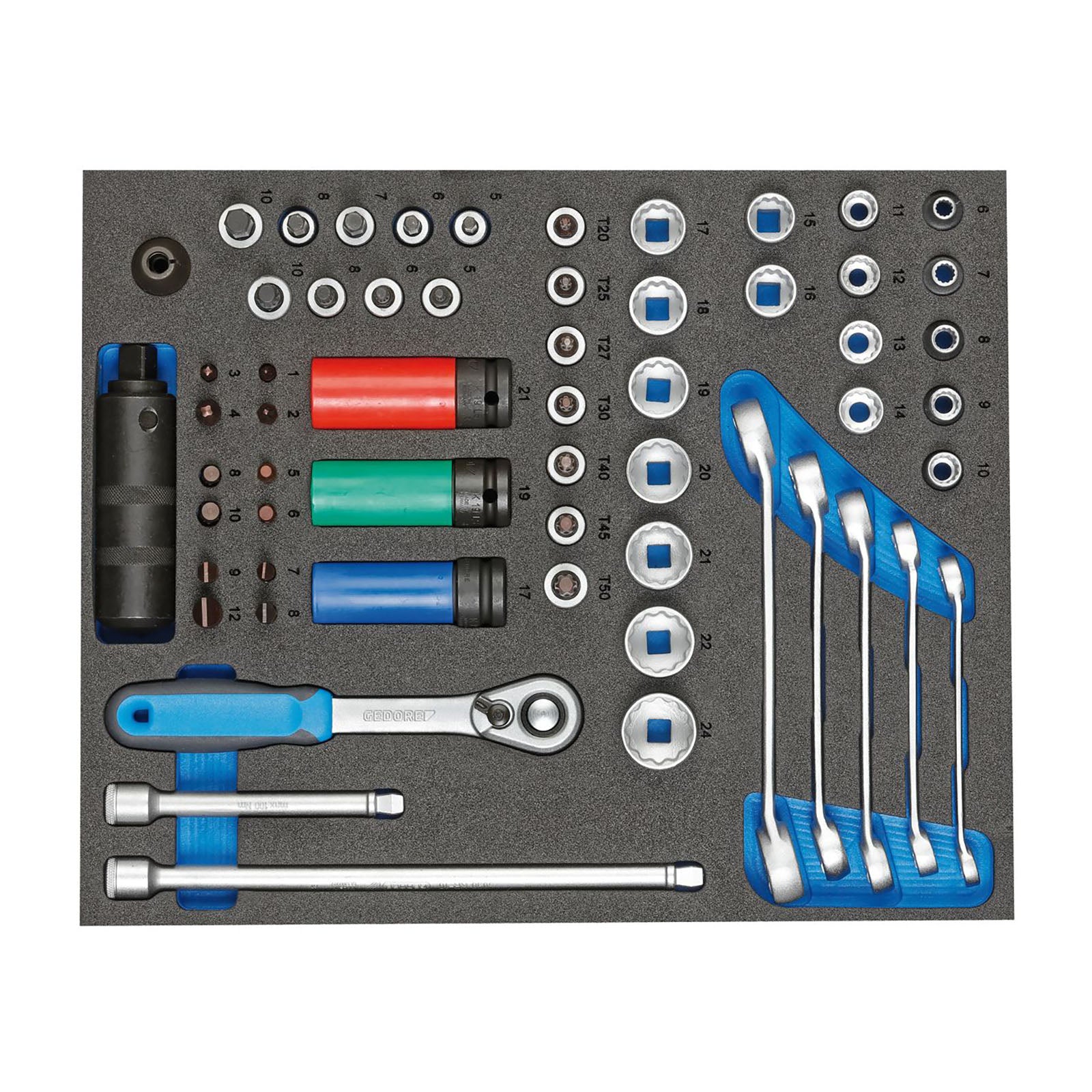 GEDORE TS CT2 - D30 - Juego de puntas, vasos y accesorios de 3/8" y 1/2" en módulo de espuma Check - Tool de doble cuerpo, 59 piezas - Ferrotecnia