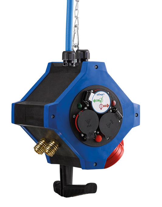 Hedi KVE601016L - Distribuidor de corriente suspendido con 6 tomas de seguridad 16 A, una toma trifásica 16 A y 2 tomas aire comprimido - Ferrotecnia