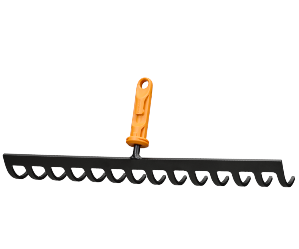 Fiskars OneClick Rastrillo de 14 Púas, Accesorio para la Preparación de Lechos de Siembra, Cambio Sin Esfuerzo en 1 Clic, Acero al Carbono Templado, Negro y Naranja, 1080677