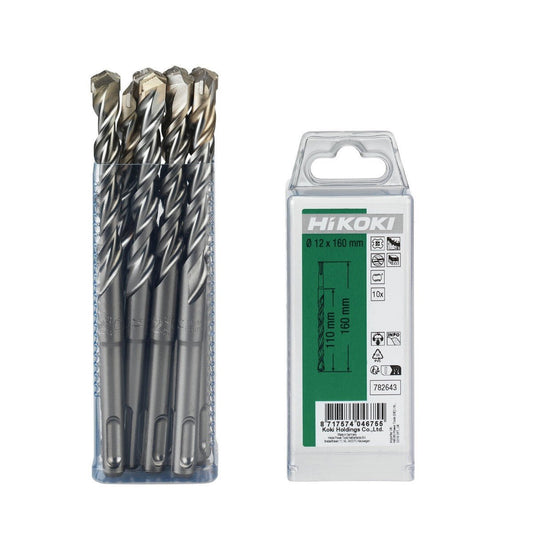 Hikoki 782643 - 10 brocas para martillo SDS-Plus 2 cortadores 12 x 110/160 mm