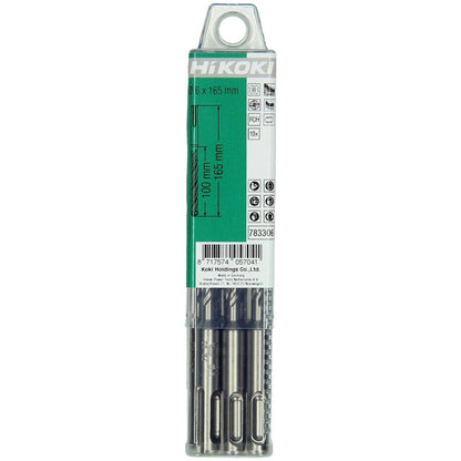 Hikoki 783306 - 10 brocas para martillo SDS-Plus con cabeza carburo (FCH) 4 cortadores 6 x 100/165 mm