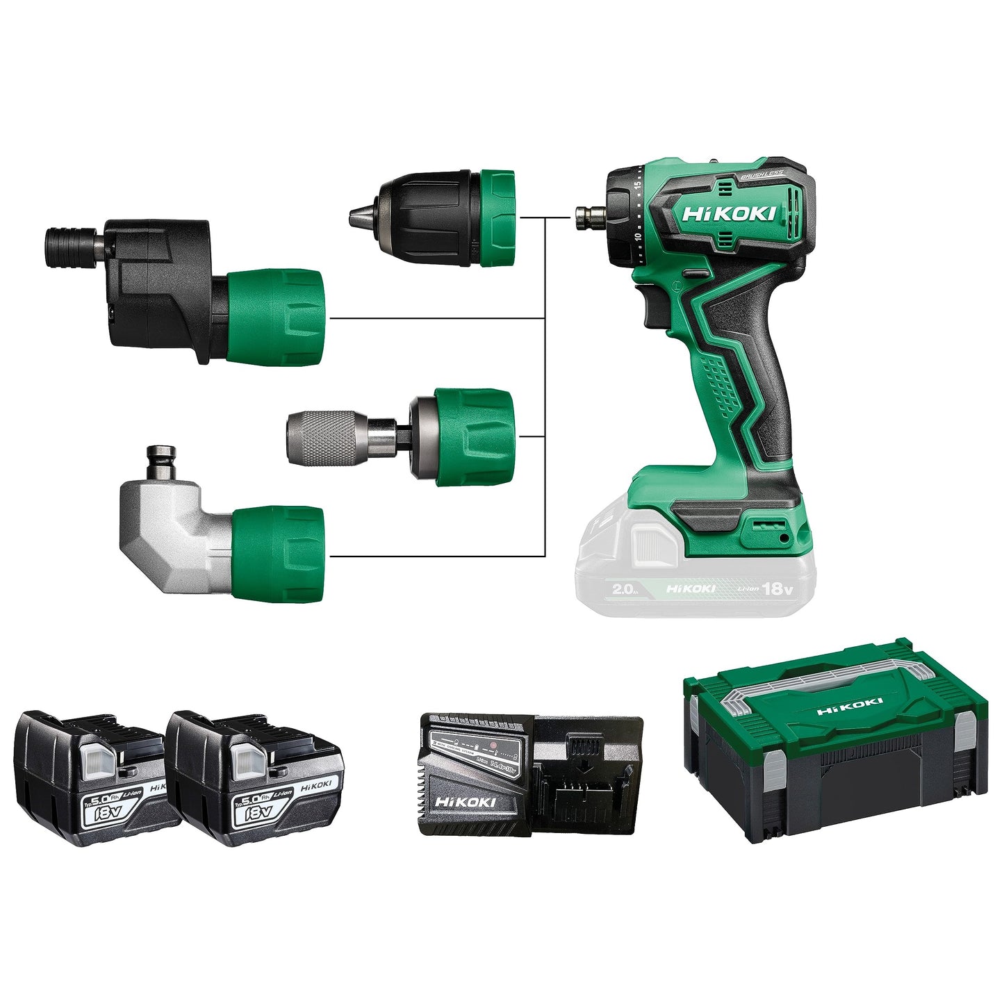 Hikoki DS18DDQWSZ - Taladro atornillador de batería 18 V DS18DDQ, 55 Nm, 2x5,0 Ah, cabezales intercambiables