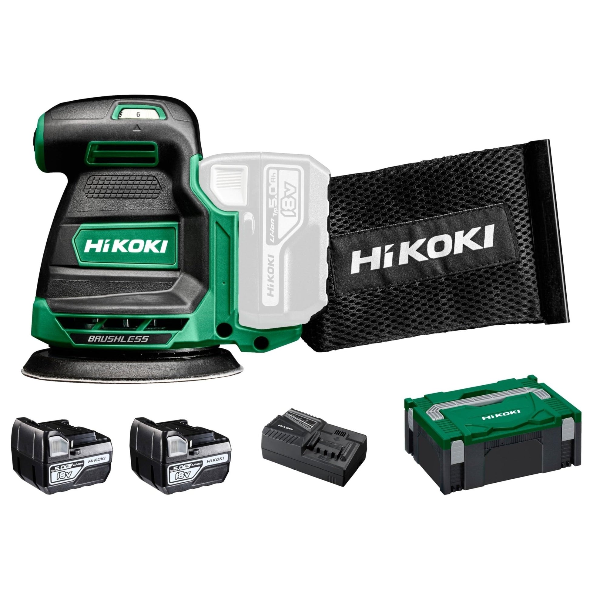 Hikoki SV1813DAWPZ - Lijadora excéntrica de batería 18 V 125 mm, 2 baterías 5,0 Ah y maletín - Ferrotecnia