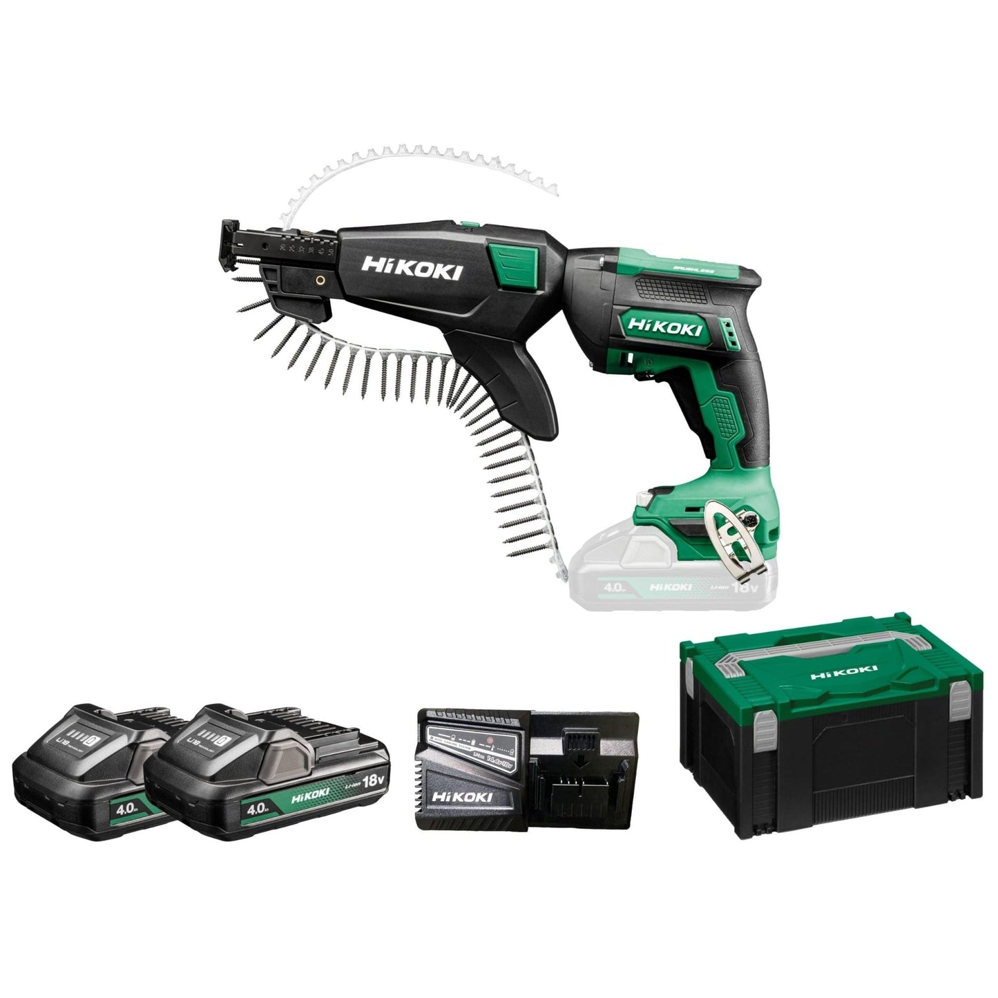 Hikoki W18DAWCZ - Atornillador de pladur de batería 18 V con cargador de tornillos, 2x4,0 Ah y maletín - Ferrotecnia