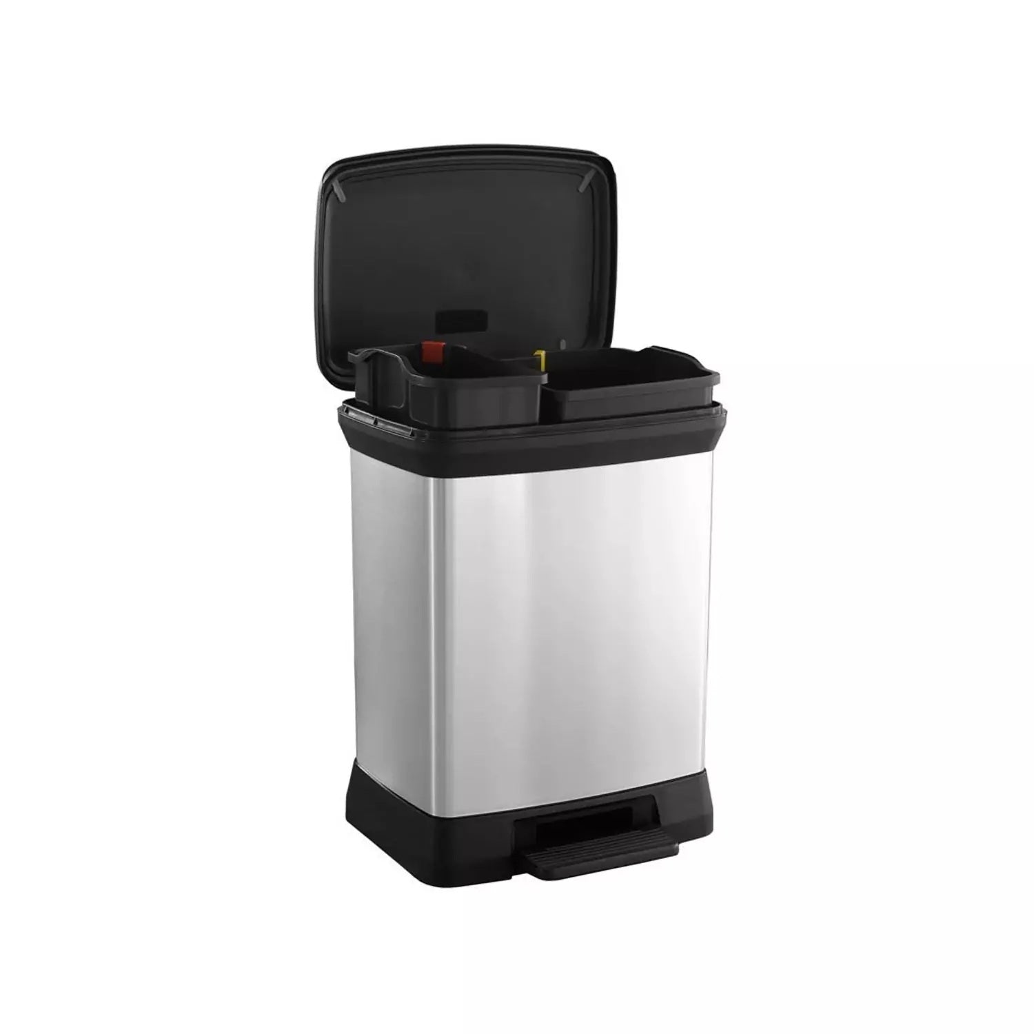 Curver - Cubo de basura Deco Duo con pedal, 2 cubetas 10+18L, acabado color acero