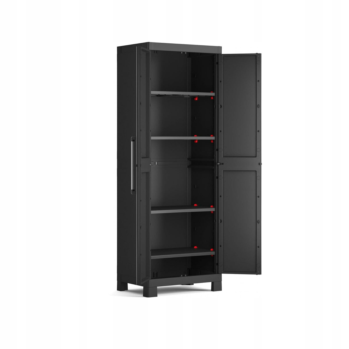 Keter Armario Detroit Escobero|Amario Escobero de almacenaje|Resina|2 Puertas y 4 baldas, 3 Regulables en Altura y 1 Fija|Color Negro|182 x 65 x 45 cm
