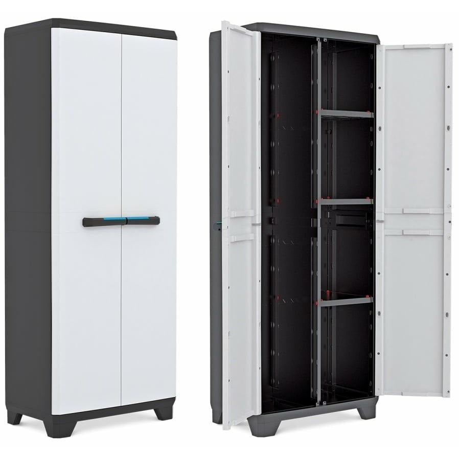 Keter Armario Linear Escobero|Armario Escobero de almacenaje|Resina|2 Puertas y 3 baldas|Color Negro/Gris,Tiradores En Azul|68 x 39 x 173 cm