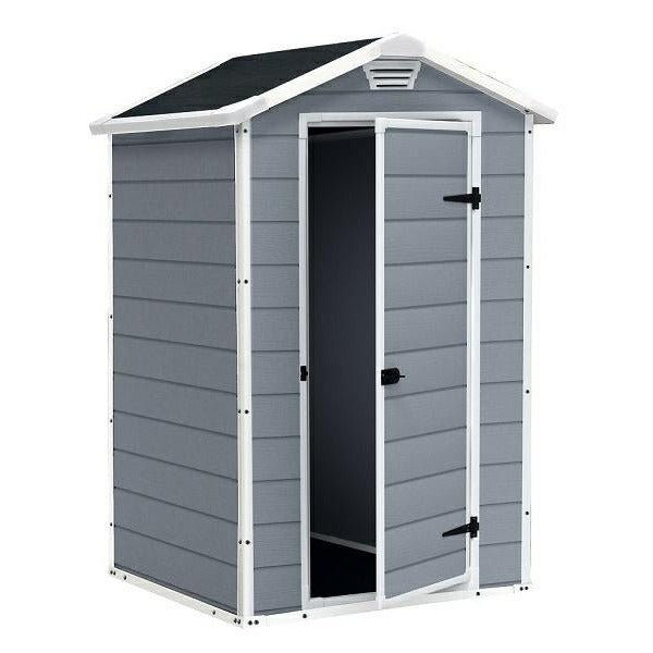 Keter Manor 4X3 - Caseta de jardín, 129x103x196 cm y 1,1m2, Suelo, Sistema de ventilación, Puerta y Ventana, Resistente al Agua, Color Gris - Ferrotecnia