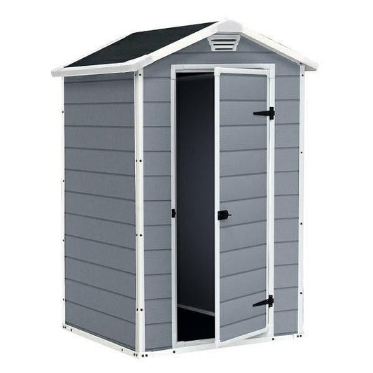Keter Manor 4X3 - Caseta de jardín, 129x103x196 cm y 1,1m2, Suelo, Sistema de ventilación, Puerta y Ventana, Resistente al Agua, Color Gris - Ferrotecnia