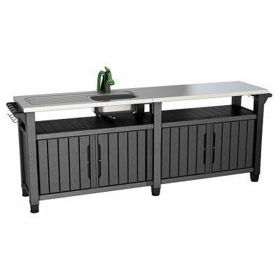 Keter Mesa Auxiliar para Barbacoa Unity Chef, Color Negro, con Gran Superficie de Trabajo de Acero Inoxidable y Fregadero, 237 x 513 x 89,4 cm, barbacoas en Primavera