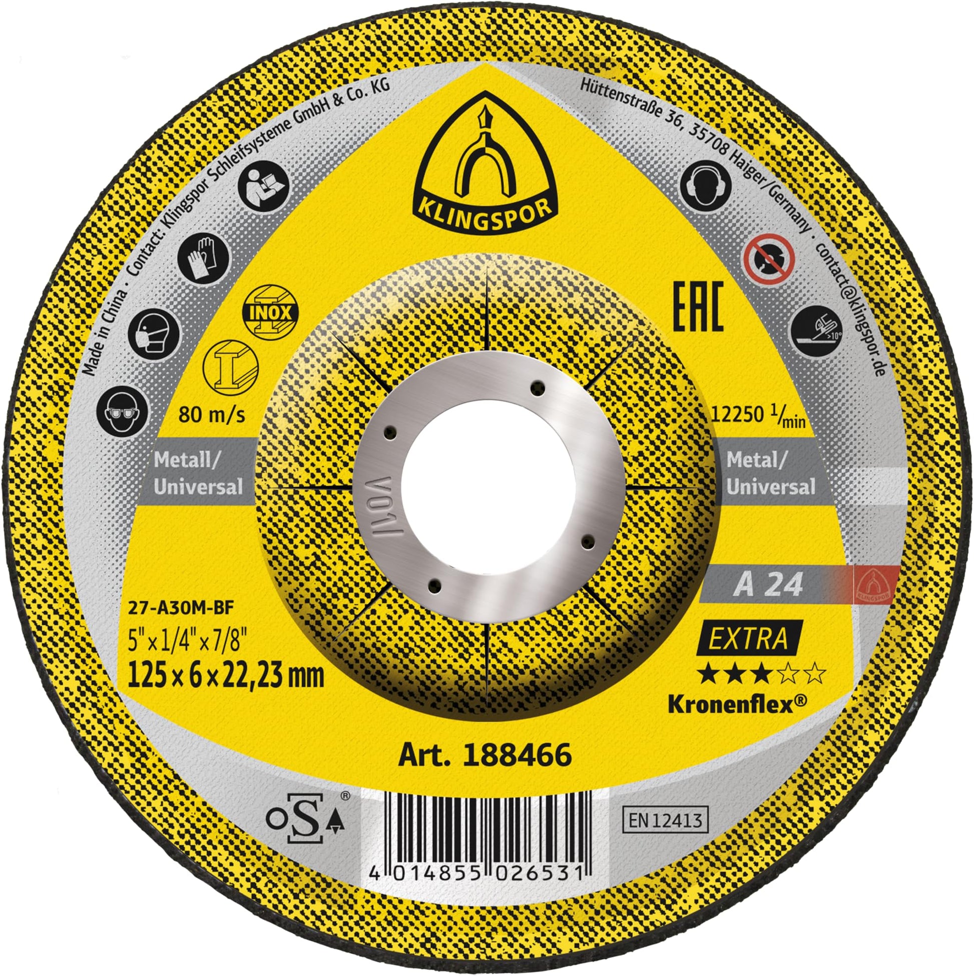 Klingspor 188466 - Disco de desbaste Kronenflex A 24 Extra acodado para metal, 125 x 6 x 22,23 mm