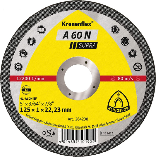 Klingspor 264298 - Disco de corte para aluminio A 60 N Supra, 125 x 1 x 22,23 mm