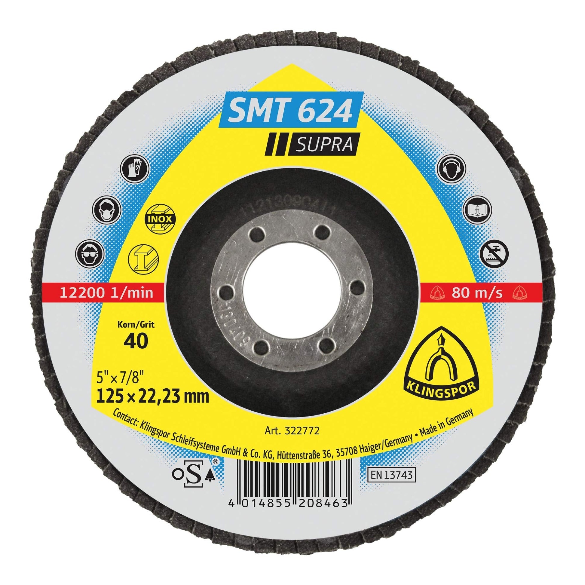 Klingspor 322772 - Disco de láminas SMT 624 abombado, grano 40, 125 x 22,23 mm