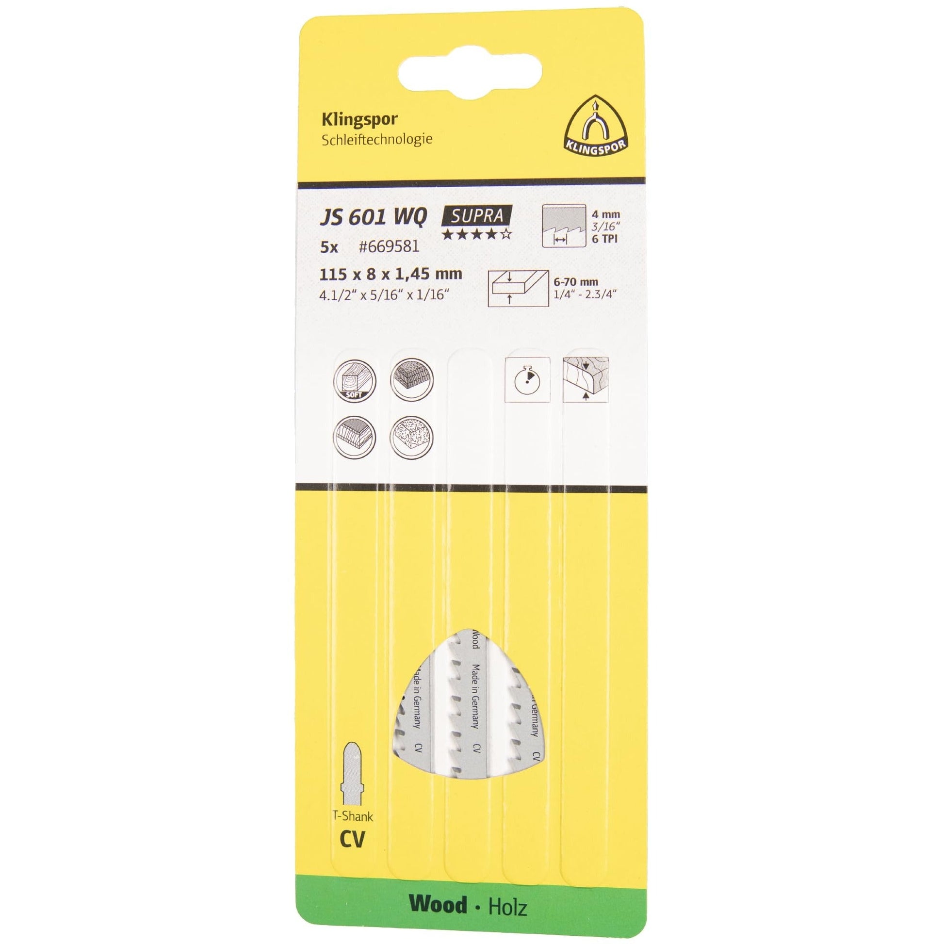 Klingspor 669581 - Hoja de sierra de calar JS 601 WQ para madera, 115 x 8 x 1,45 mm, 6 dientes por pulgada (Lote de 5 uds) - Ferrotecnia