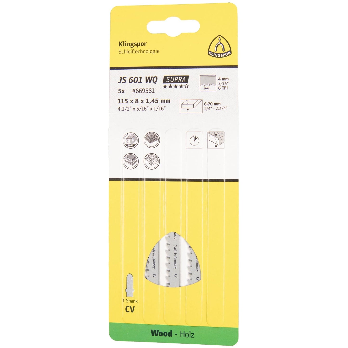 Klingspor 670538 - Hoja de sierra de calar JS 601 WQ para madera, 100 x 8 x 1,45 mm, 6 dientes por pulgada (Lote de 5 uds) - Ferrotecnia