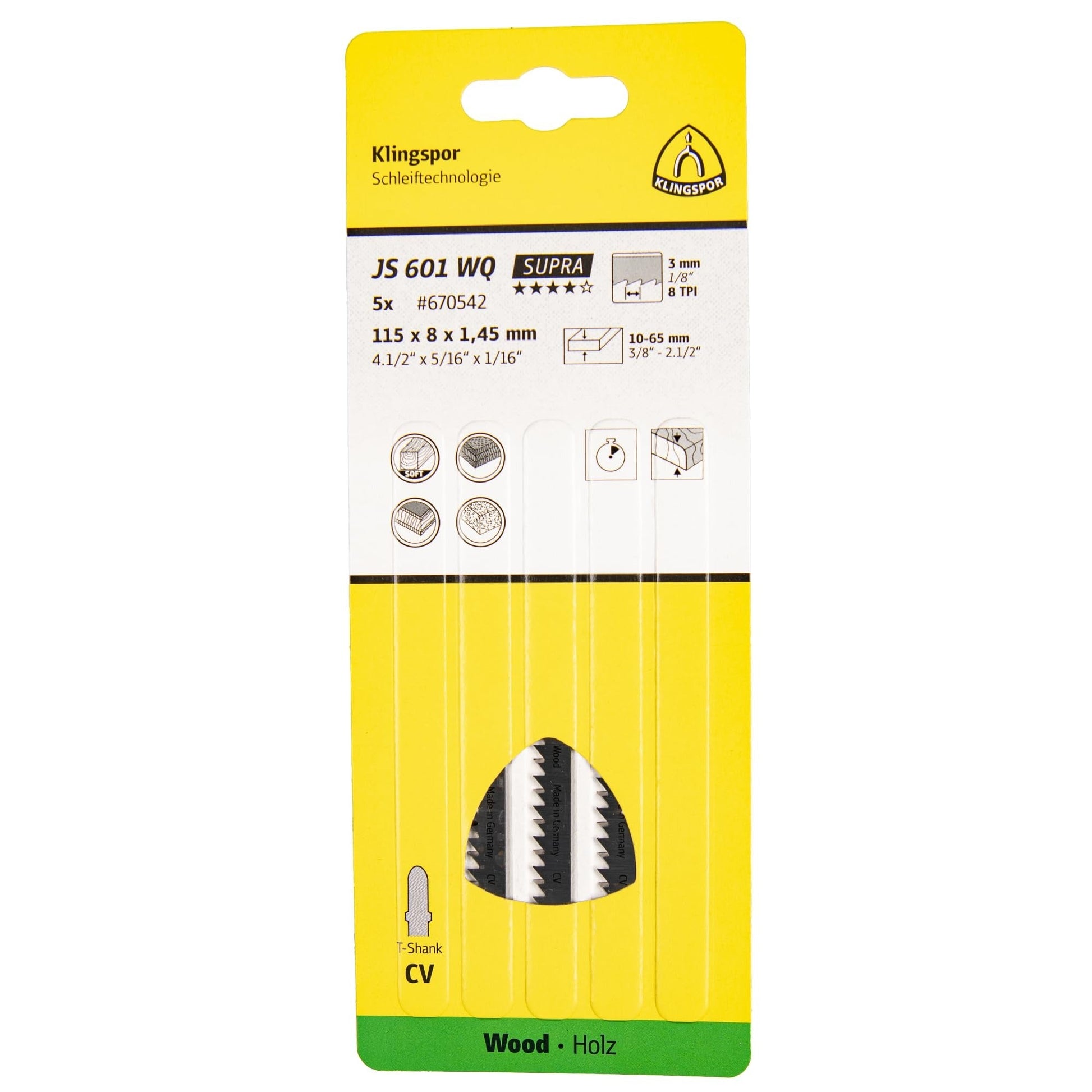 Klingspor 670542 - Hoja de sierra de calar JS 601 WQ, 115 x 8 x 1,45 mm, para madera (Lote de 5 uds) - Ferrotecnia