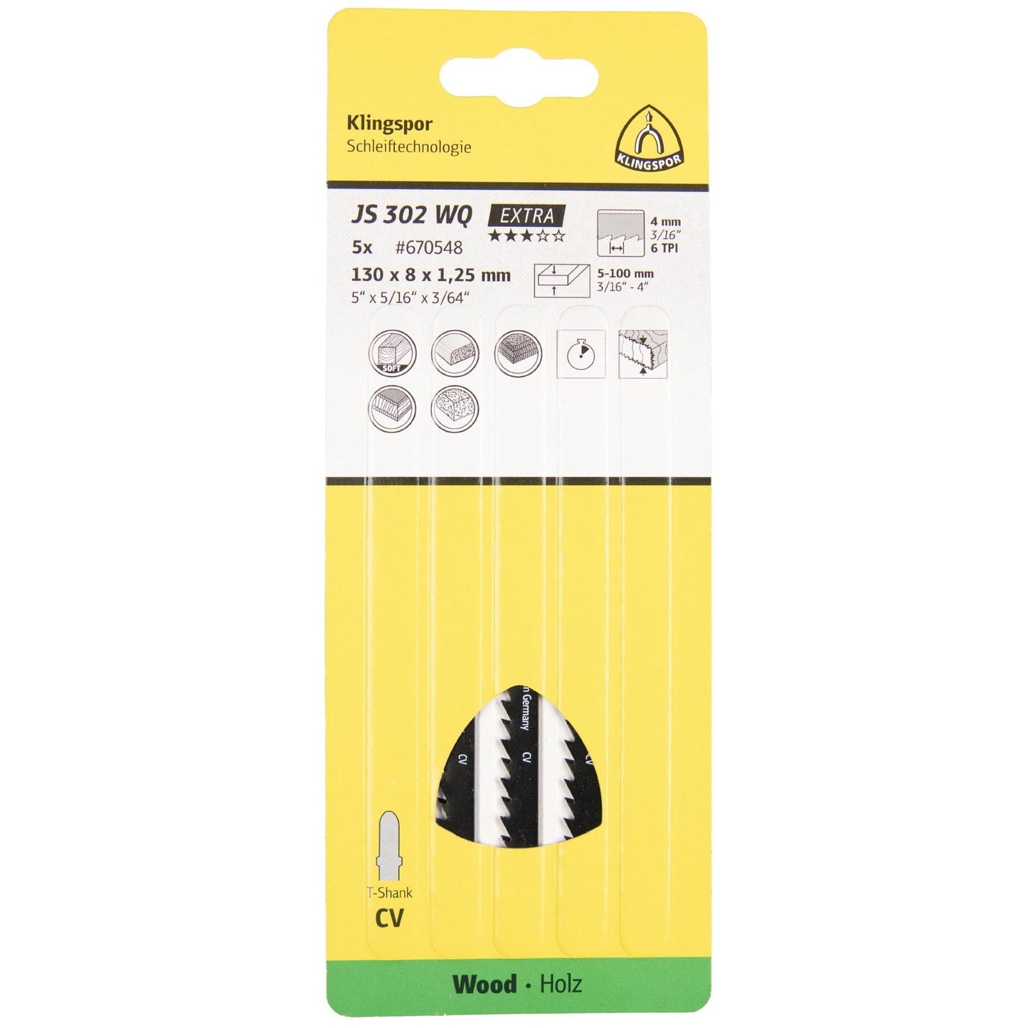 Klingspor 670547 - Hoja de sierra de calar JS 302 WQ para madera, 100 x 8 x 1,25 mm, 6 dientes por pulgada (Lote de 5 uds) - Ferrotecnia