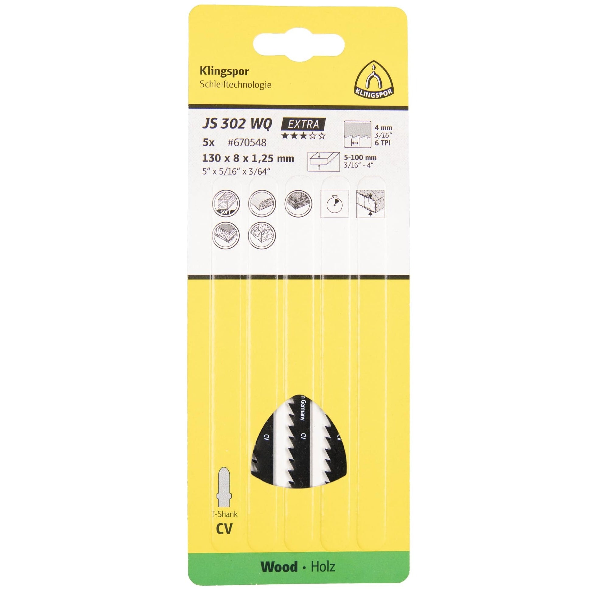 Klingspor 670547 - Hoja de sierra de calar JS 302 WQ para madera, 100 x 8 x 1,25 mm, 6 dientes por pulgada (Lote de 5 uds) - Ferrotecnia