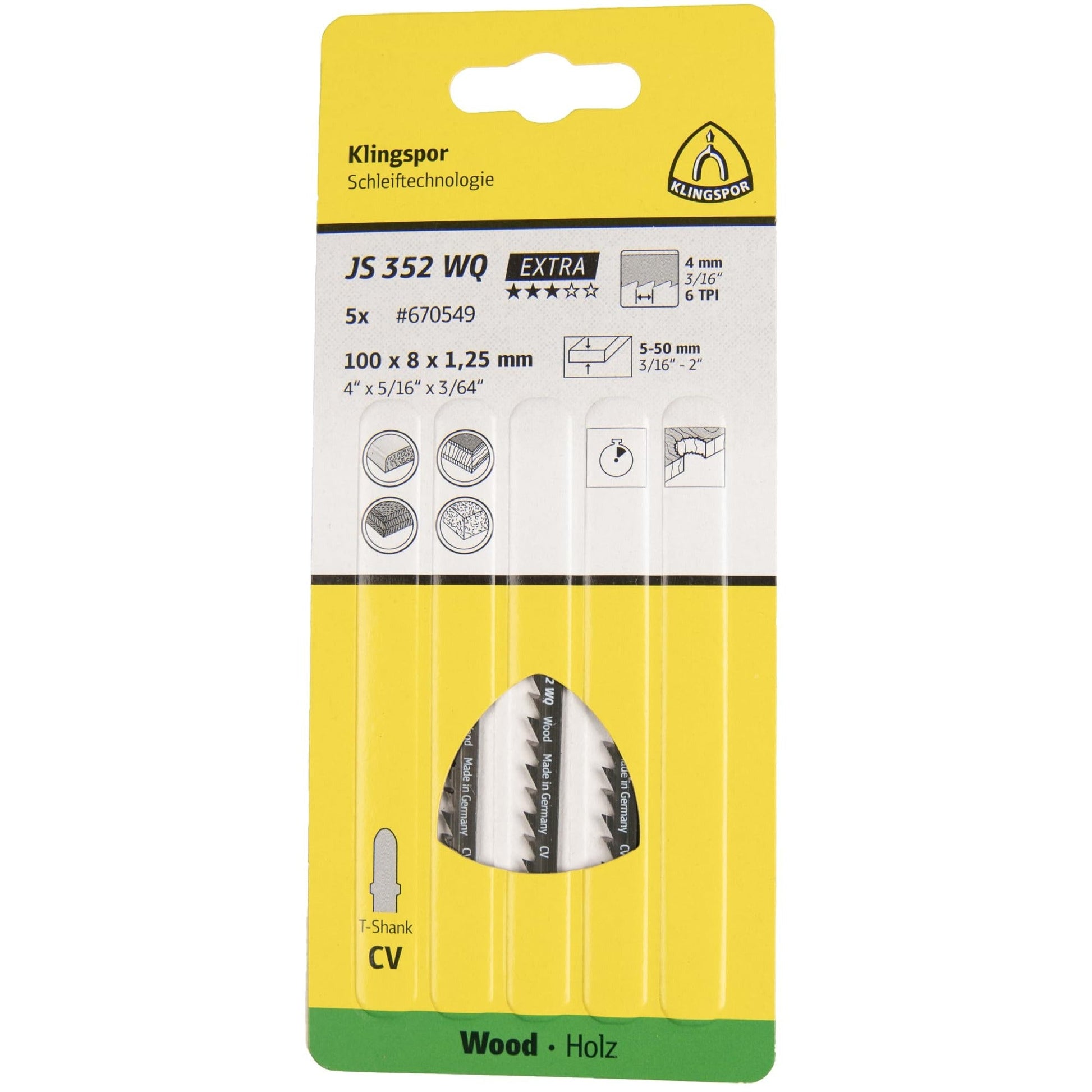 Klingspor 670549 - Hoja de sierra de calar JS 352 WQ para madera, 100 x 8 x 1,25 mm, 6 dientes por pulgada (Lote de 5 uds) - Ferrotecnia