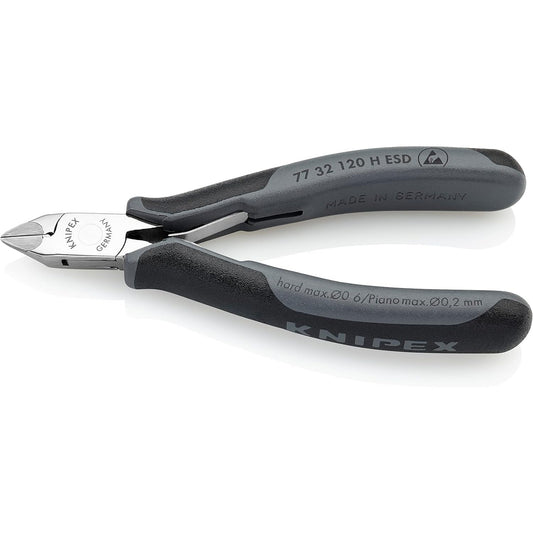 Knipex 77 32 120 H ESD - Alicate de corte diagonal para electrónica ESD Knipex 120 mm. con cabeza en punta, mangos bicomponentes y filos con plaquitas de carburo. Filos con bisel pequeño.