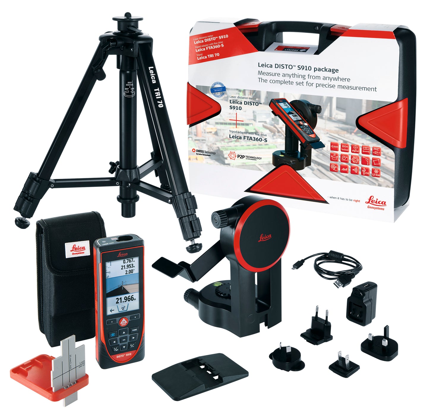 Leica Geosystems 887900 - Medidor láser S910 touch + Trípode + Adaptador para trípode + Tablilla de puntería + Cargador USB