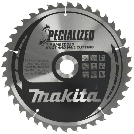 Makita B-33205 - Disco de sierra circular Specialized 270 x 30 mm, 40 dientes, para madera con clavos y nudos