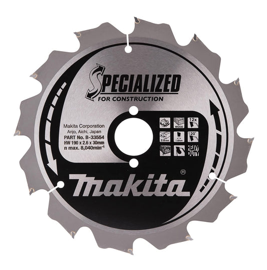 Makita B-33554 - Hoja de sierra TCT especializada para la construcción 190x30x12T