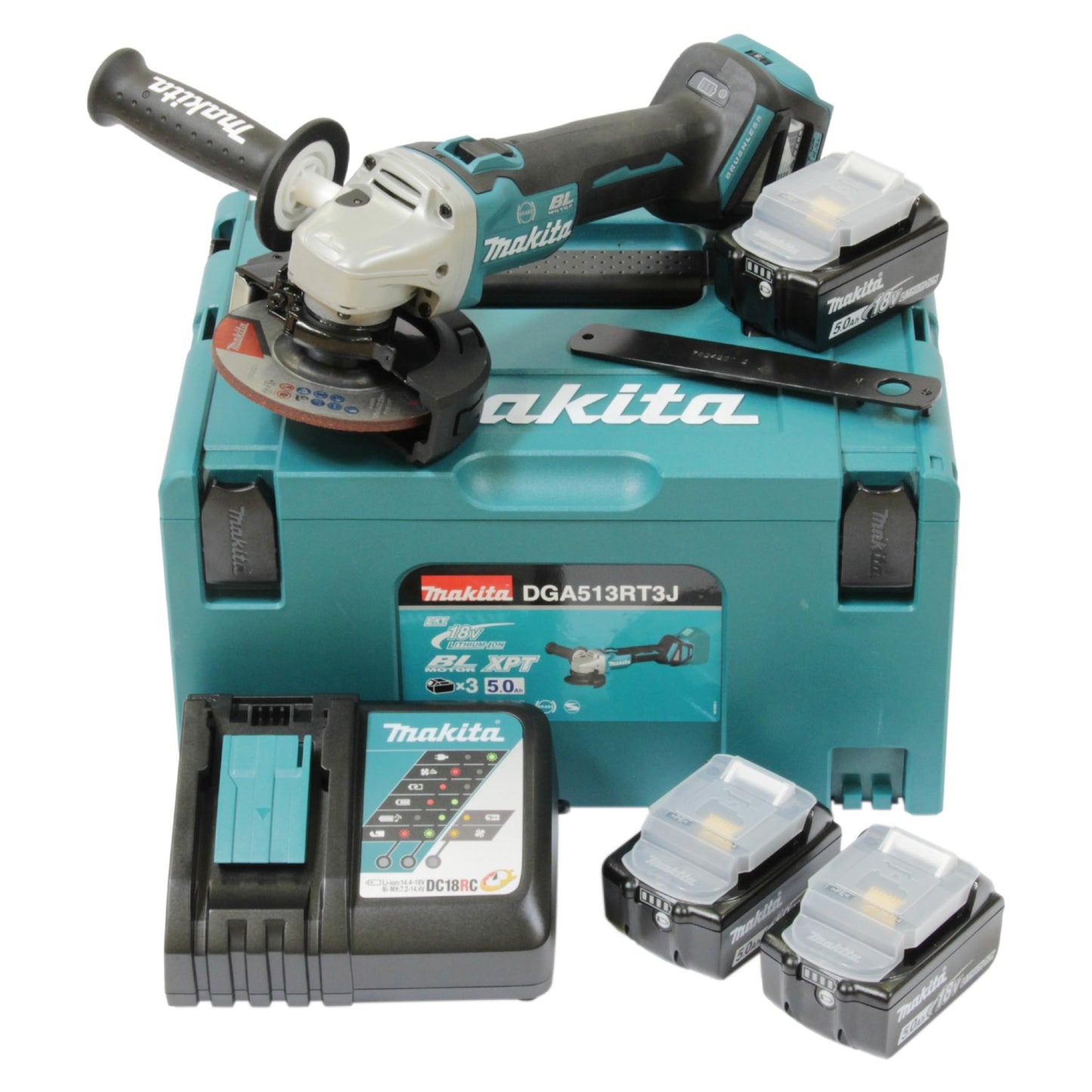 Makita DGA513RT3J - Amoladora angular inalámbrica (18 V, incluye cargador rápido DC18RC, 3 baterías de 5,0 Ah, en MAKPAC tamaño 3)