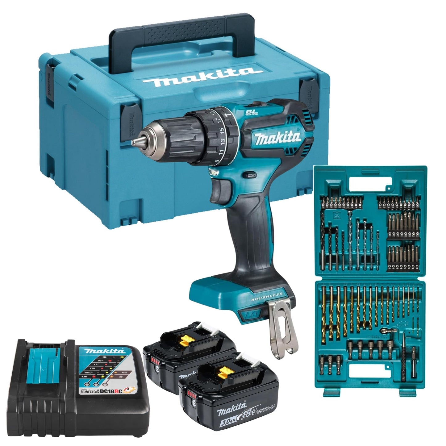 Makita DHP485FJX1 - Taladro de percusión 18V Batería sin escobillas 50 Nm 76 Accesorios