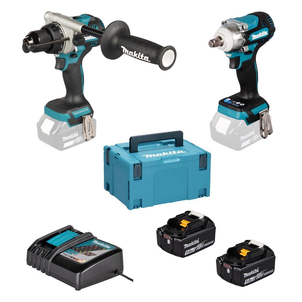 Makita DLX2590TJ - Kit combo 18V LXT sin escobillas (DHP492 + DTW300), 2x5,0 Ah