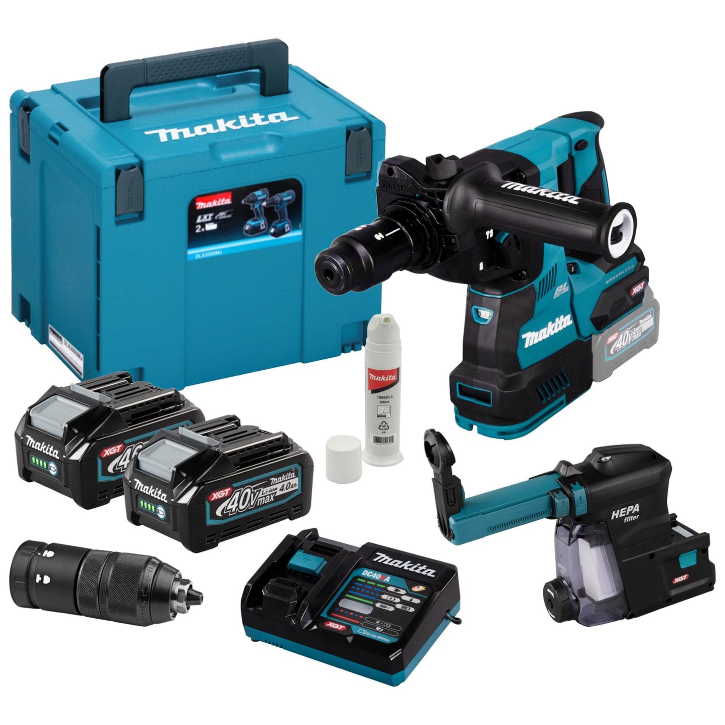 Makita HR004GM202 - SDS-PLUS - Martillo combinado con batería (40 V, máx. 4,0 Ah, 2 baterías + cargador en MAKPAC con extracción de polvo DX14)