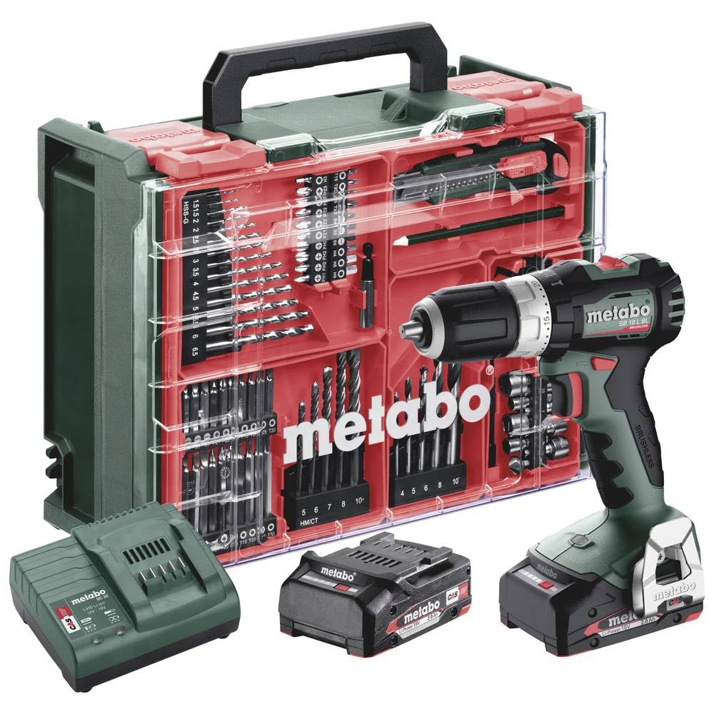 Metabo 613157710 - Taladro percutor de batería SB 18 L BL 18 V, 2x2,0 Ah, 74 accesorios, maletín