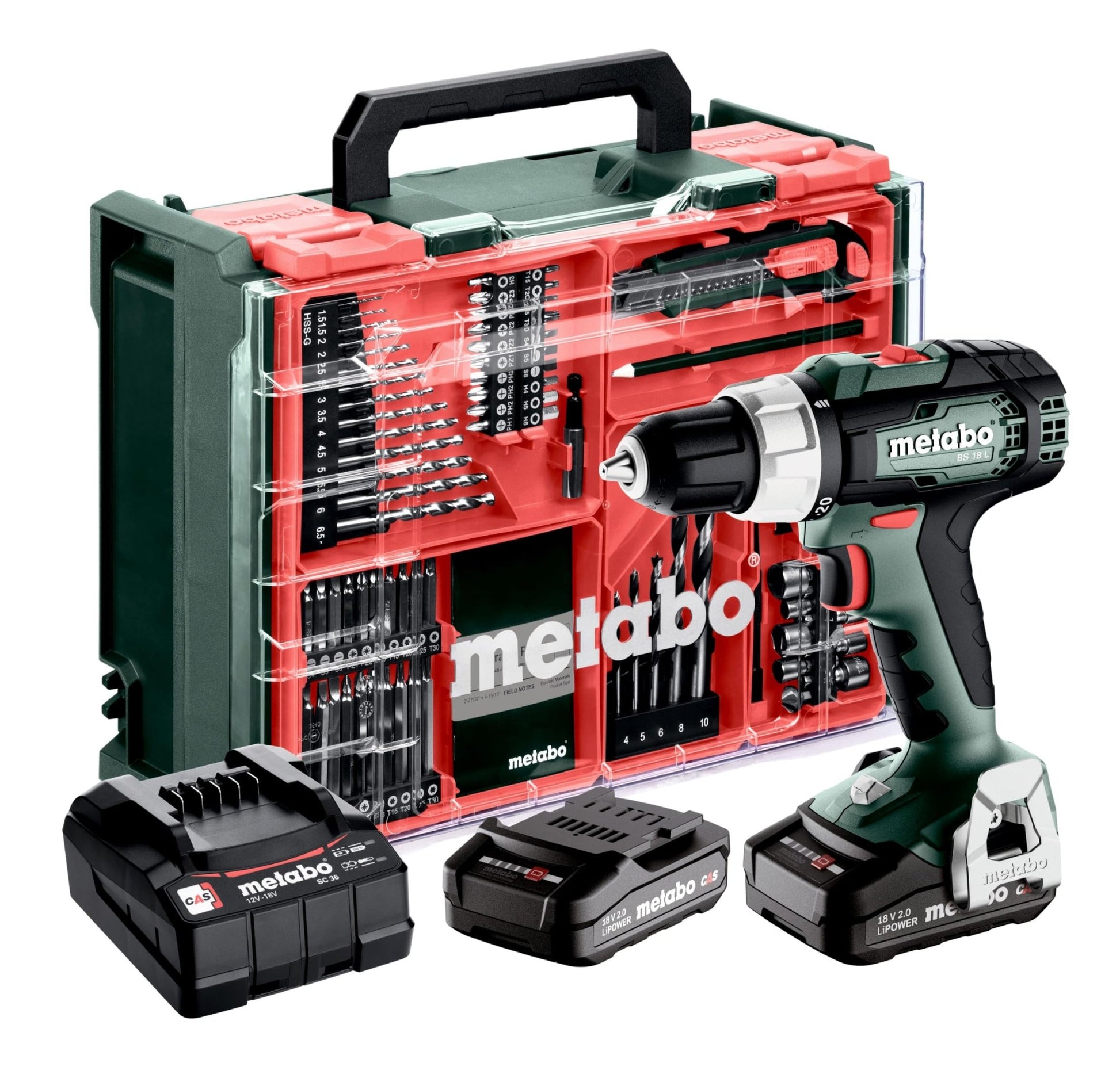 Metabo 614051710 - Taladro atornillador de batería BS 18 L 18 V, 2x2,0 Ah, 74 accesorios, maletín