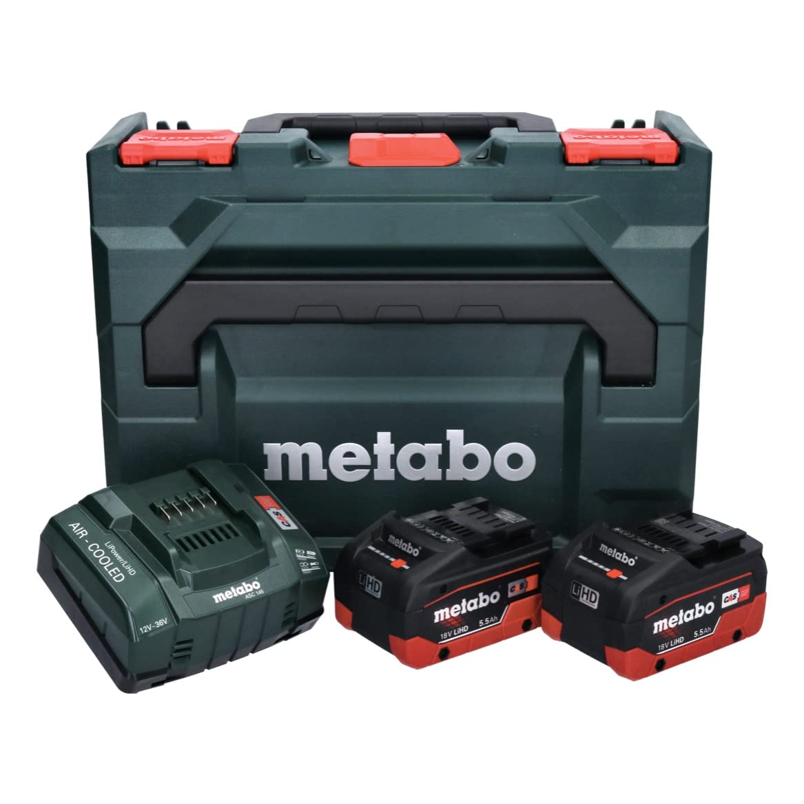 Metabo 685077000 - Set de 2 baterías LiHD 18 V 5,5 Ah, cargador ASC 30-36 V y maletín Metaloc II