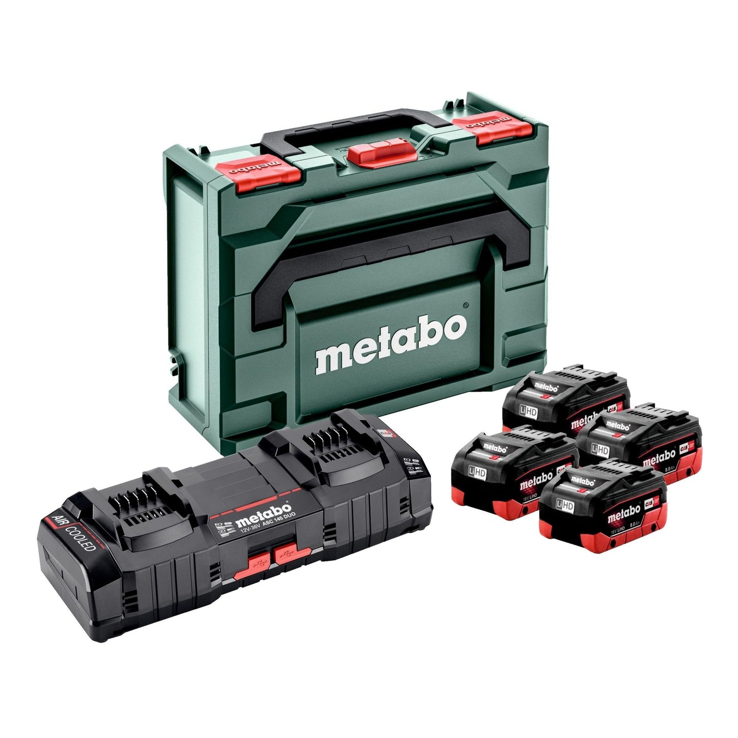 Metabo 685135000 - Set de 4 baterías LiHD 18 V 8,0 Ah, cargador ASC 145 DUO y metaBOX 145 - Ferrotecnia
