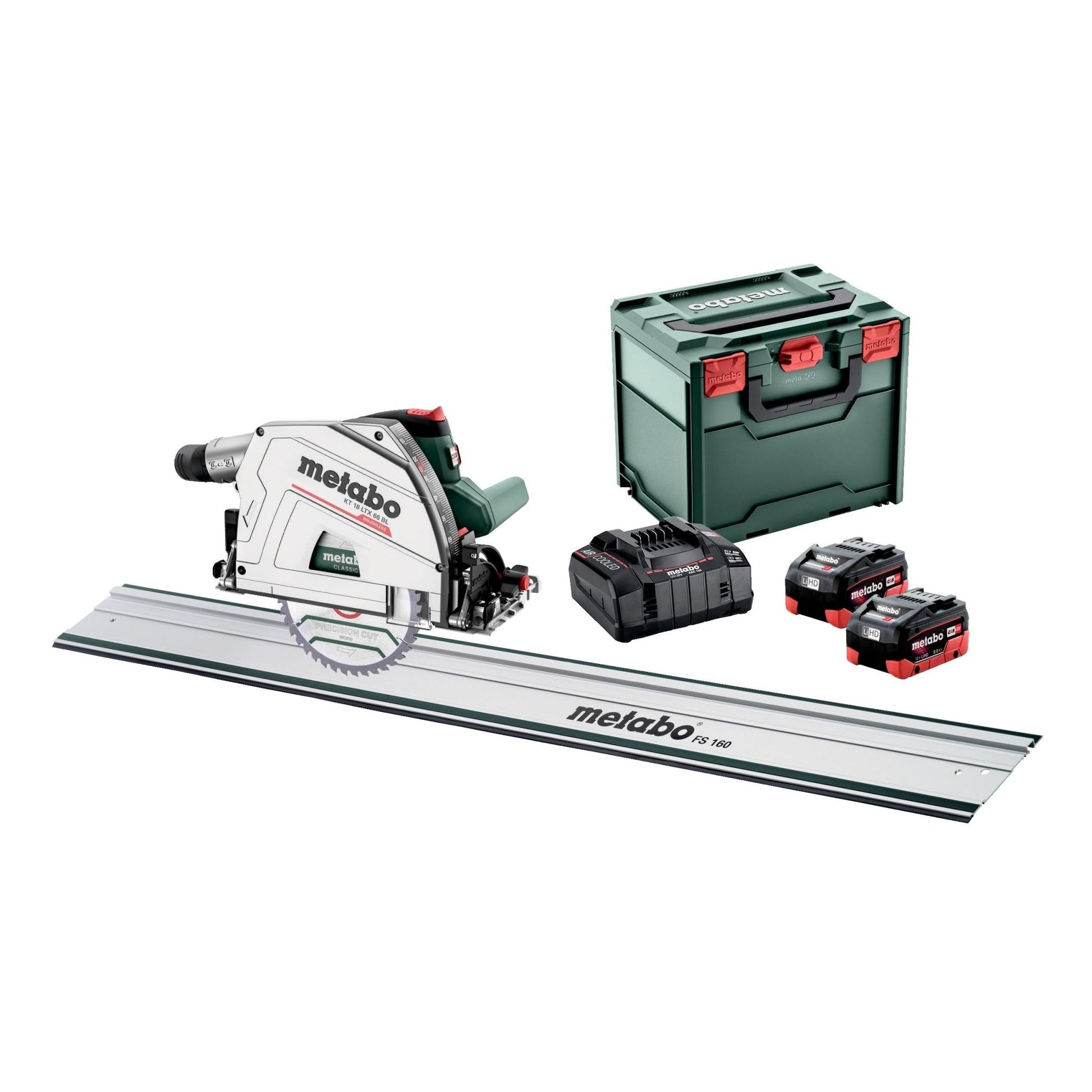 Metabo 691172810 - Sierra de incisión de batería KT 18 LTX 66 BL 18 V, 2x8,0 Ah y guía FS 160 - Ferrotecnia