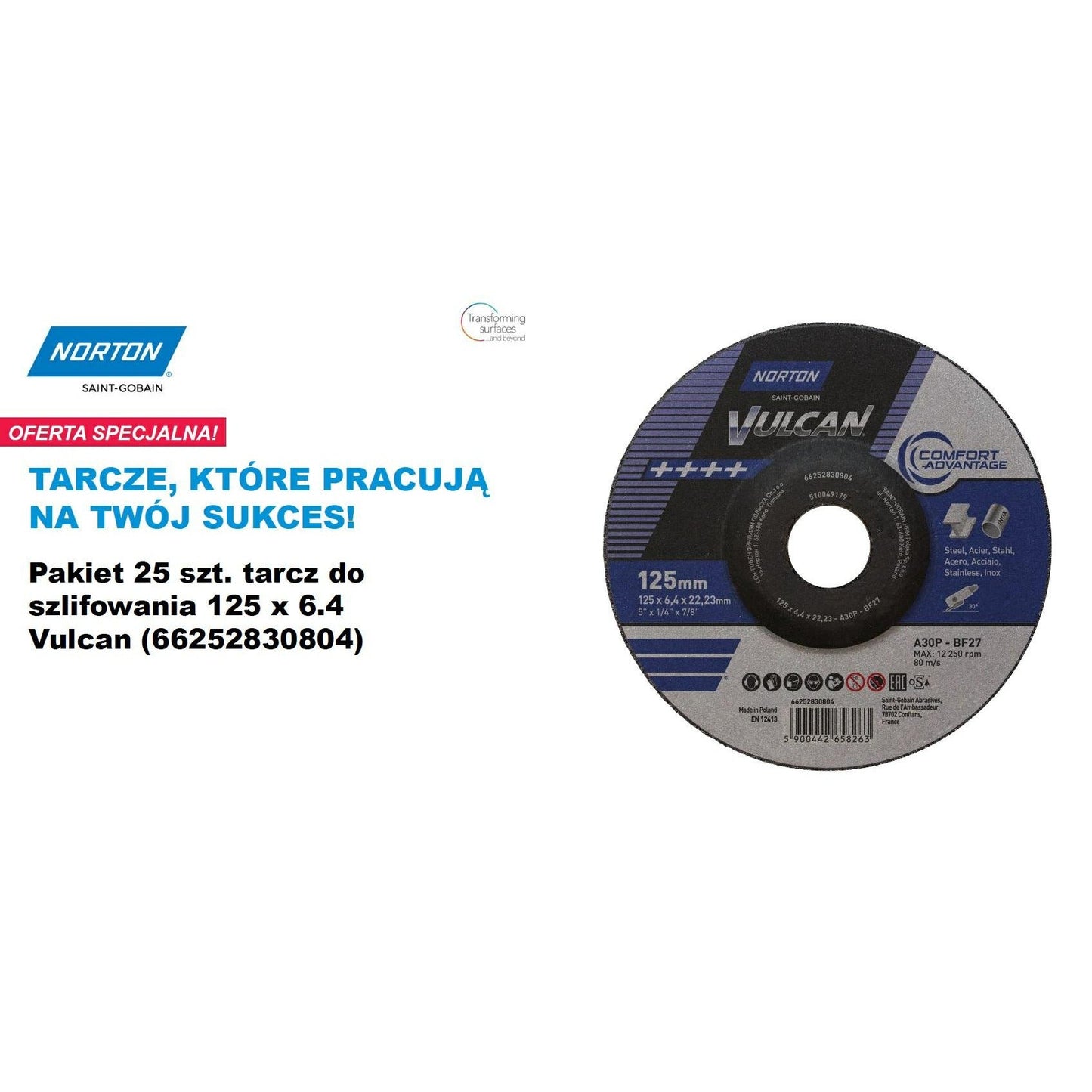 Norton 66252851096 - Disco de desbaste Vulcan para metal, 125 x 6,4 mm, A30P (Lote de 25 uds) - Ferrotecnia