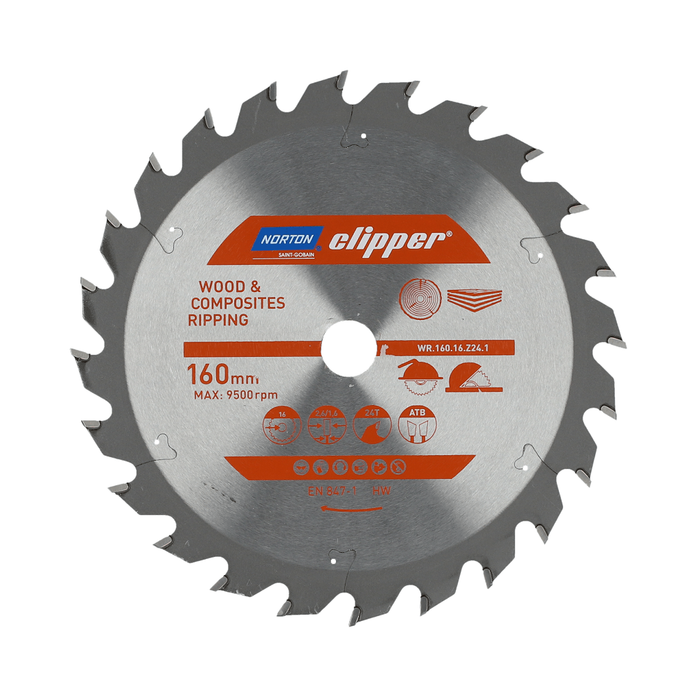 Norton 70184608039 - Disco de sierra circular para madera y materiales compuestos, dentado ATB, Z24, 160 x 16 mm, espesor 2,6/1,6 mm