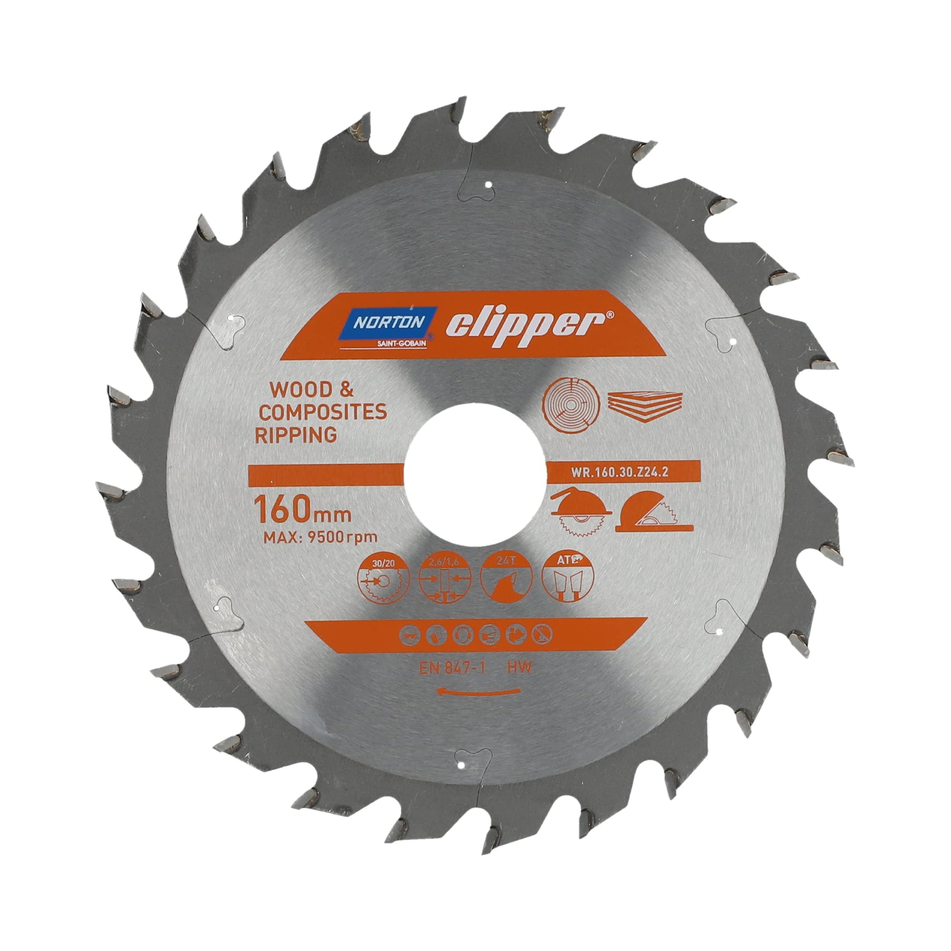 Norton 70184608043 - Disco de sierra circular para madera y materiales compuestos, dentado ATB, Z24, 160 x 30 mm, espesor 2,6/1,6 mm
