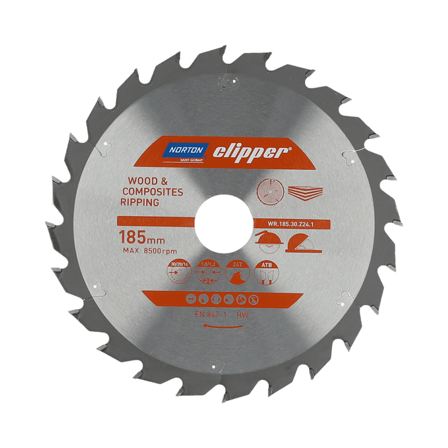 Norton 70184608051 - Disco de sierra circular para madera y materiales compuestos, dentado ATB, Z24, 185 x 30 mm, espesor 1,8/1,2 mm